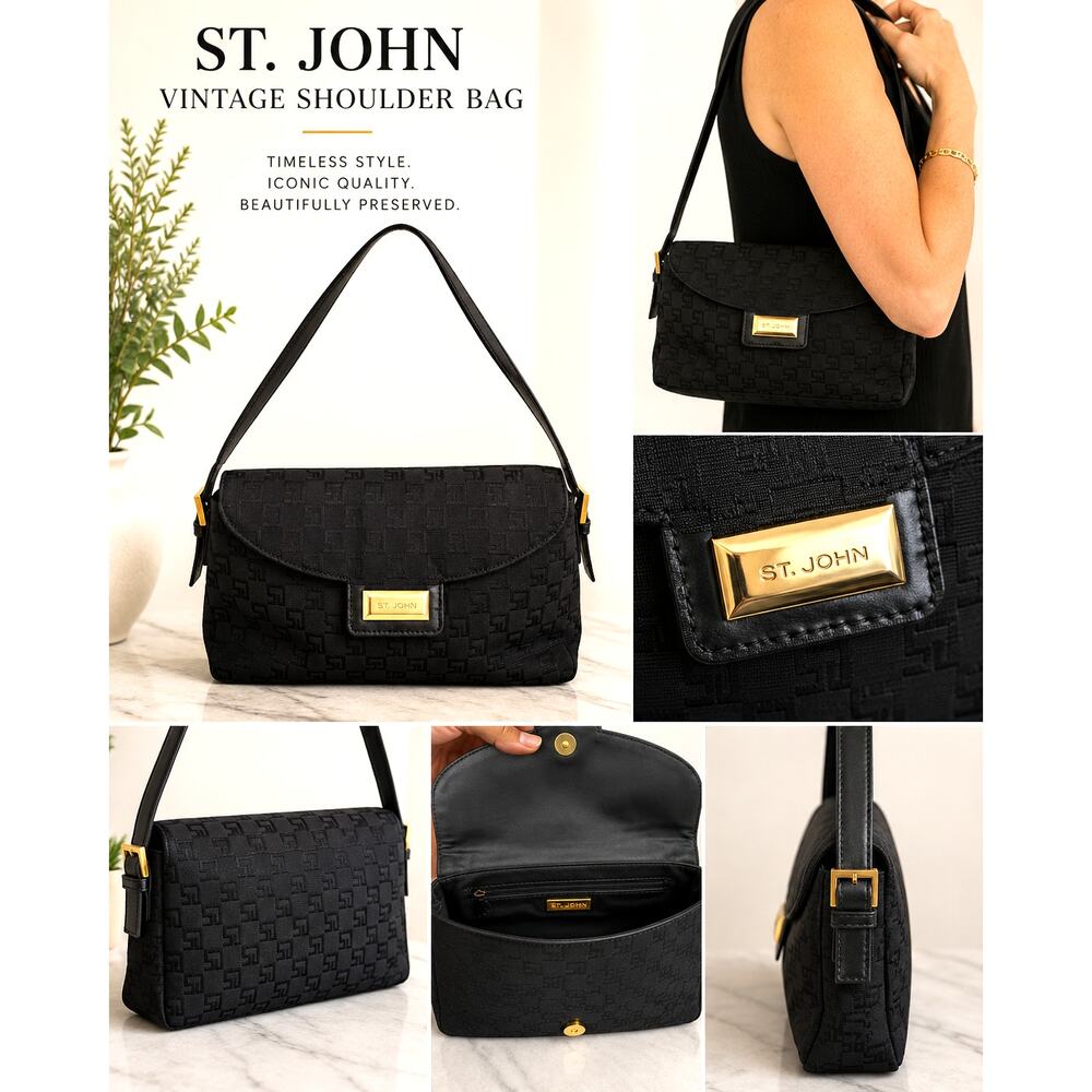 Vintage St. John Black Canvas & Leather Shoulder Bag Gold Logo Purse Zip Pocket